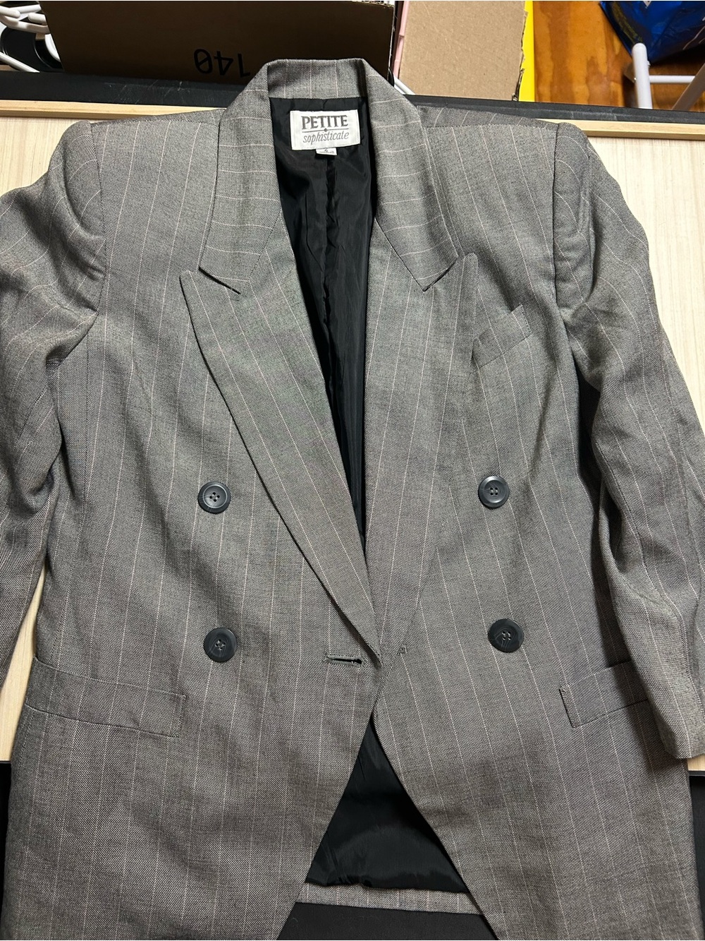 Petite Sophisticate Size 6P Gray Pinstripe Double Breasted Blazer Vintage